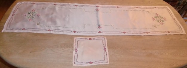 M651M Hand embroidered silk runner and a doily